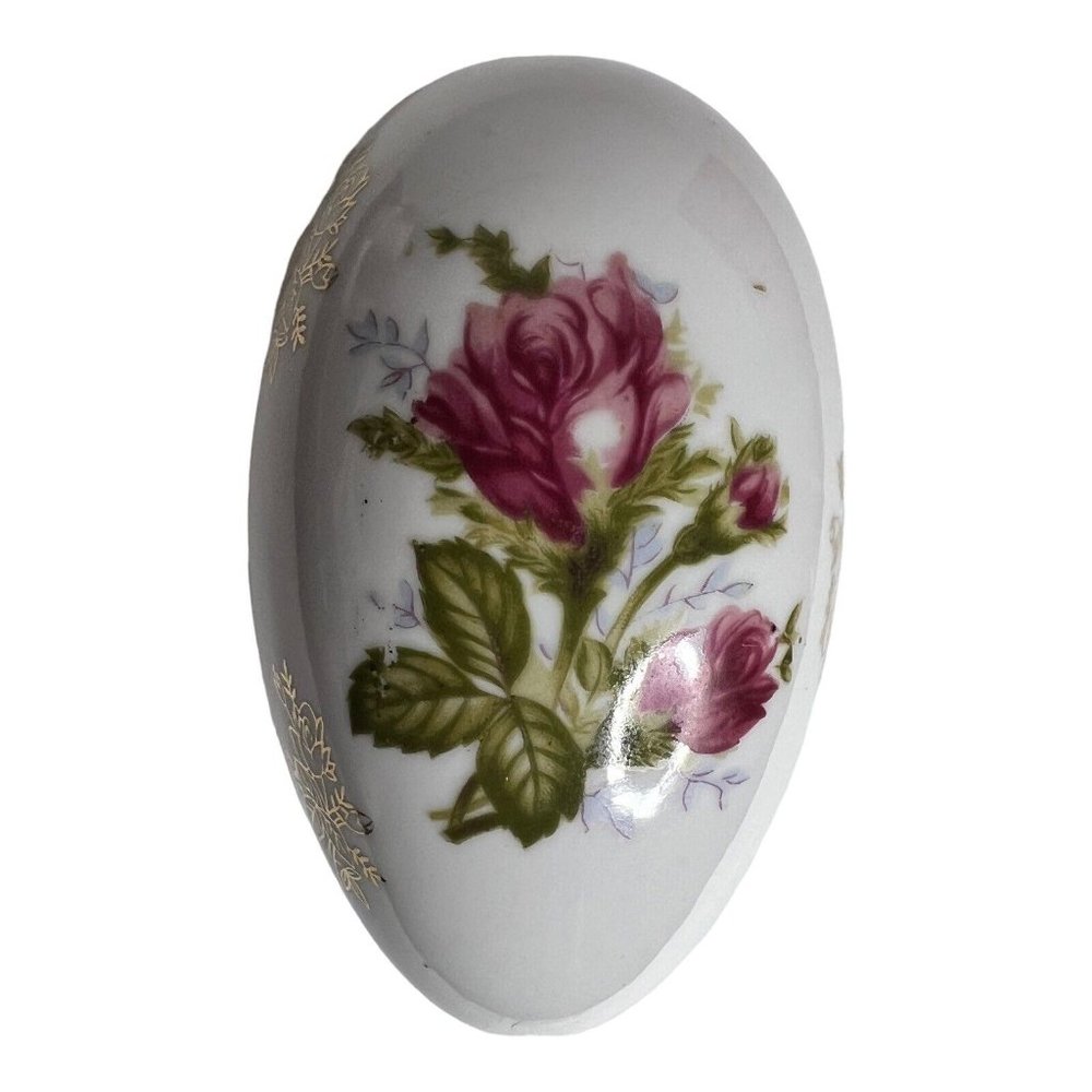 Hand Painted Lefton Floral‎ Roses Gold Trim Easter Egg Trinket Box 2209